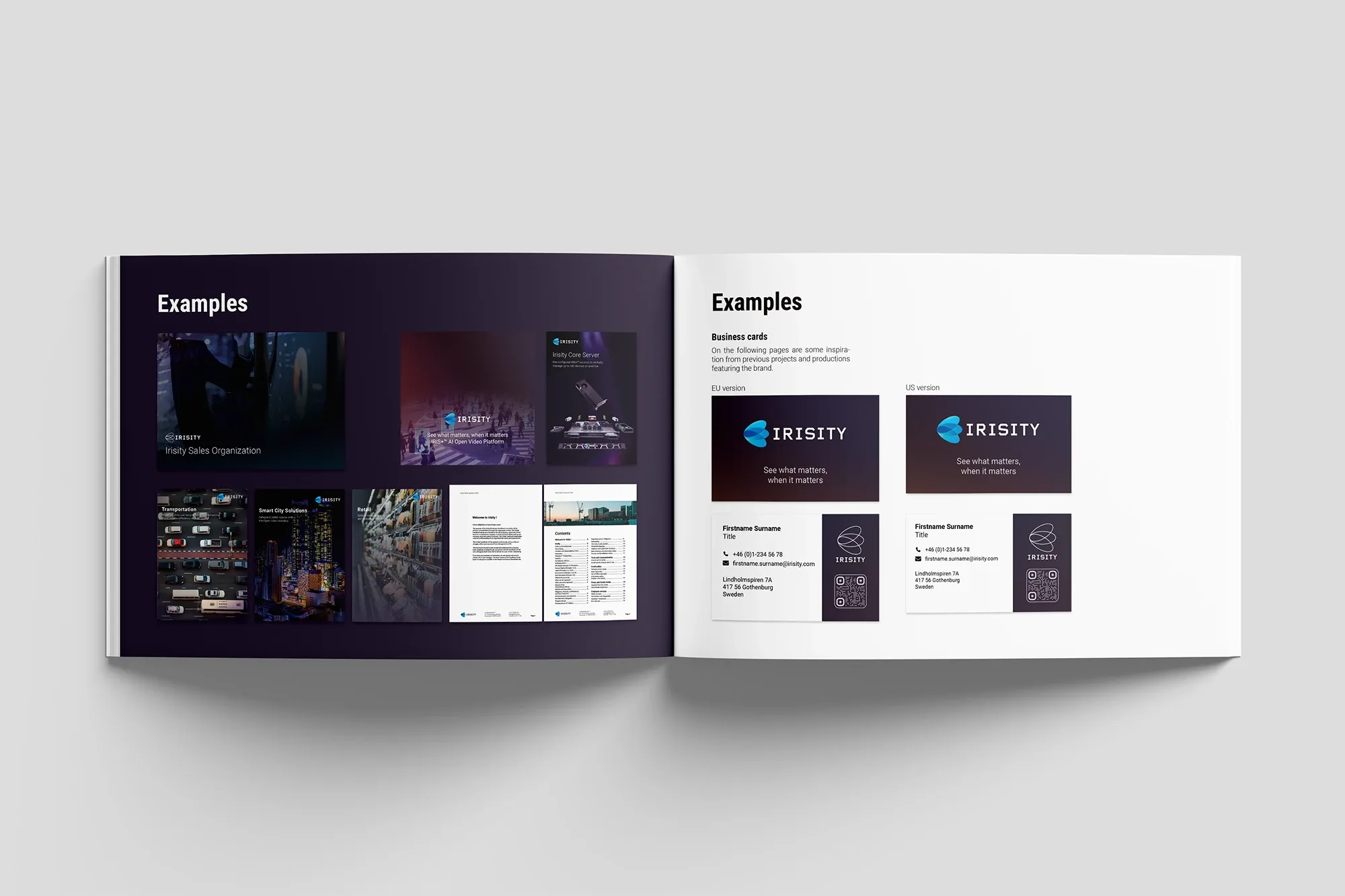 Uppslag med exempel från Irisitys graphic profile & brand guide