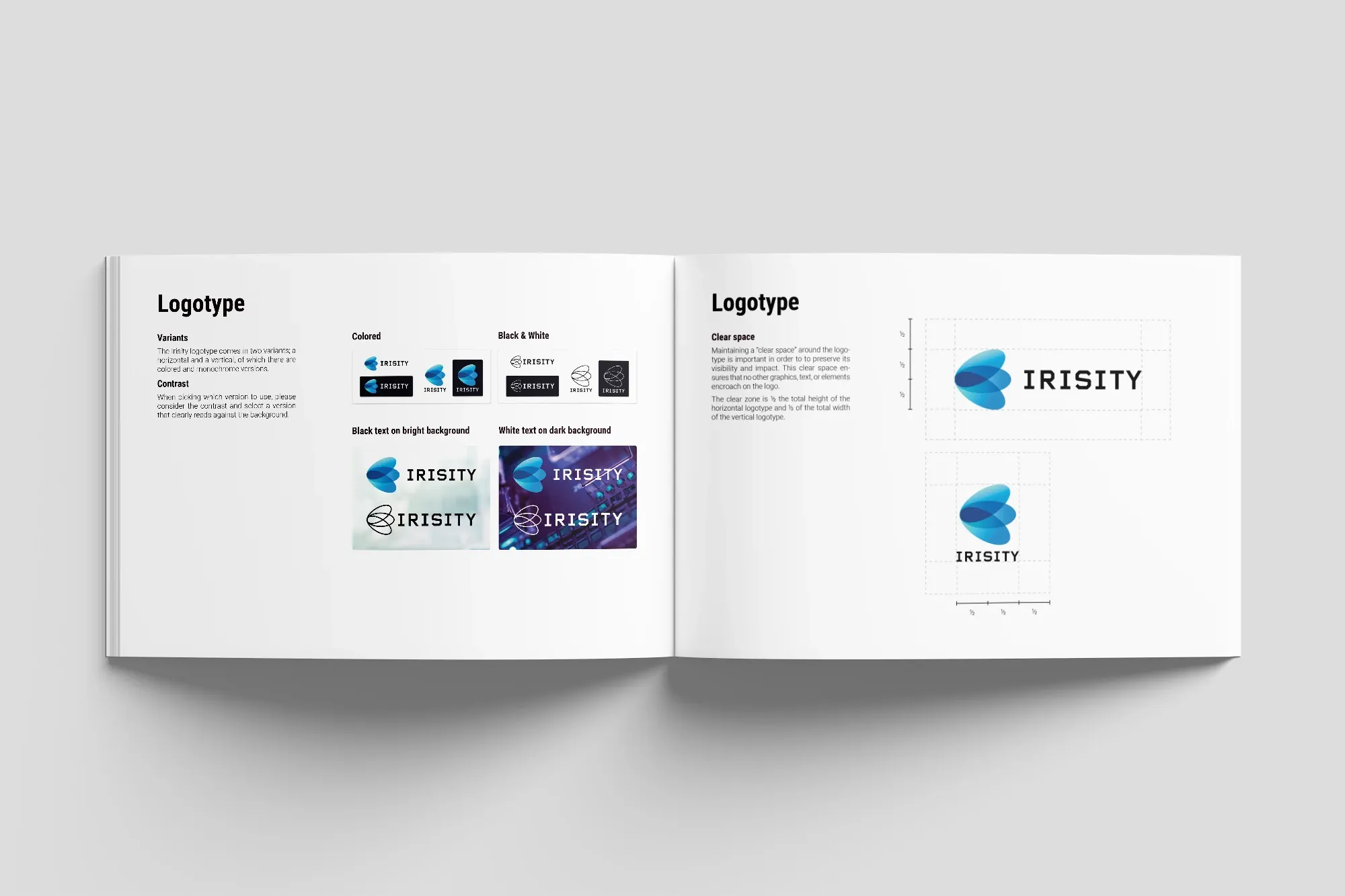 Uppslag om logotypen från Irisitys graphic profile & brand guide